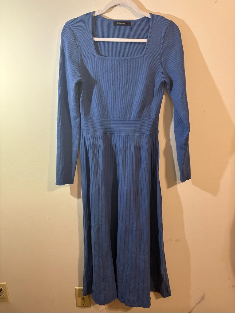 Merokeety‎ Dress women’s large fitted blue ribbed knit square neck sweater dress